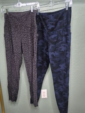 High-Waist Workout Leggings Duo - Navy Blue Camo & Charcoal Leopard - Size L